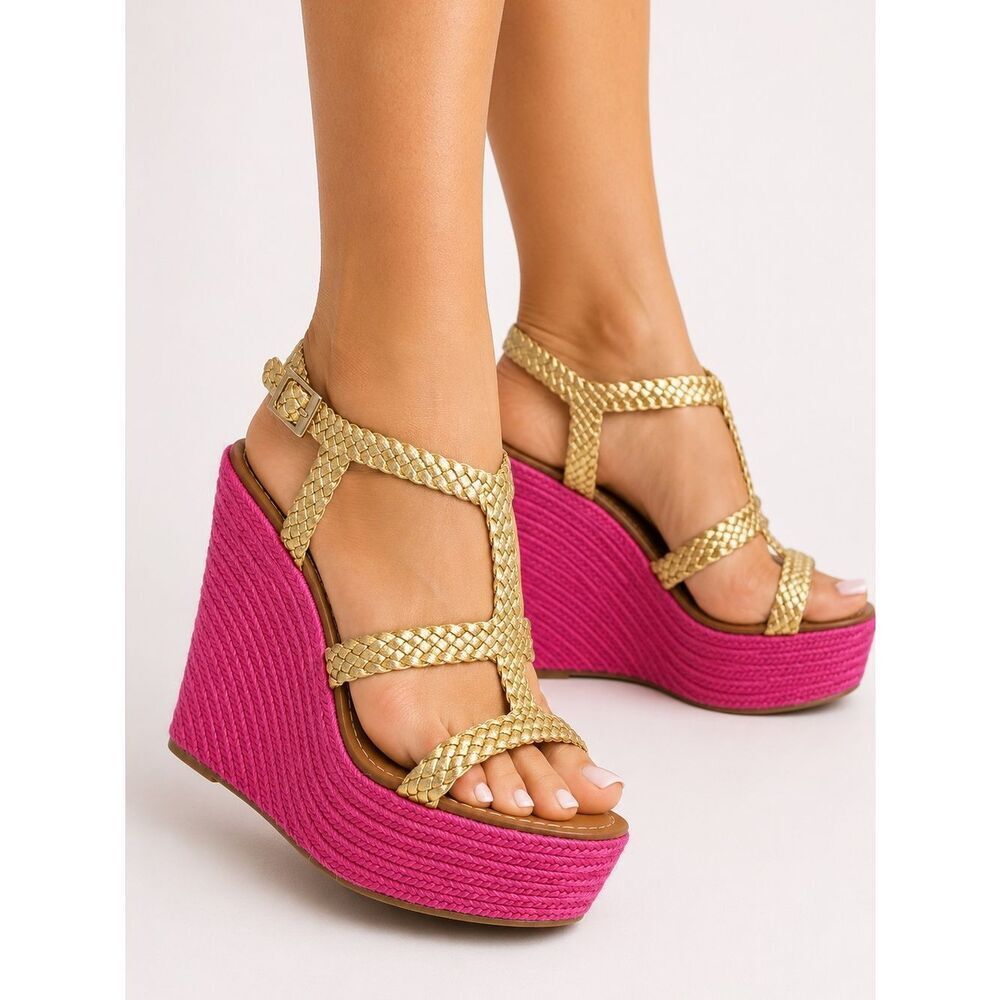 Kate Spade Tianna Gold Braided Strap Pink Wedge Sandals